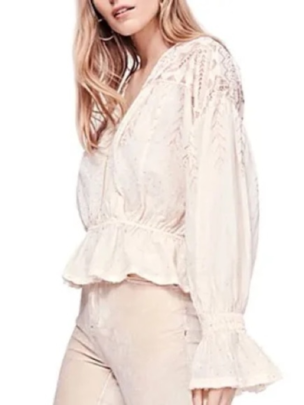Free People Counting Stars Peasant Blouse Womens XL Snowy Sand Beige